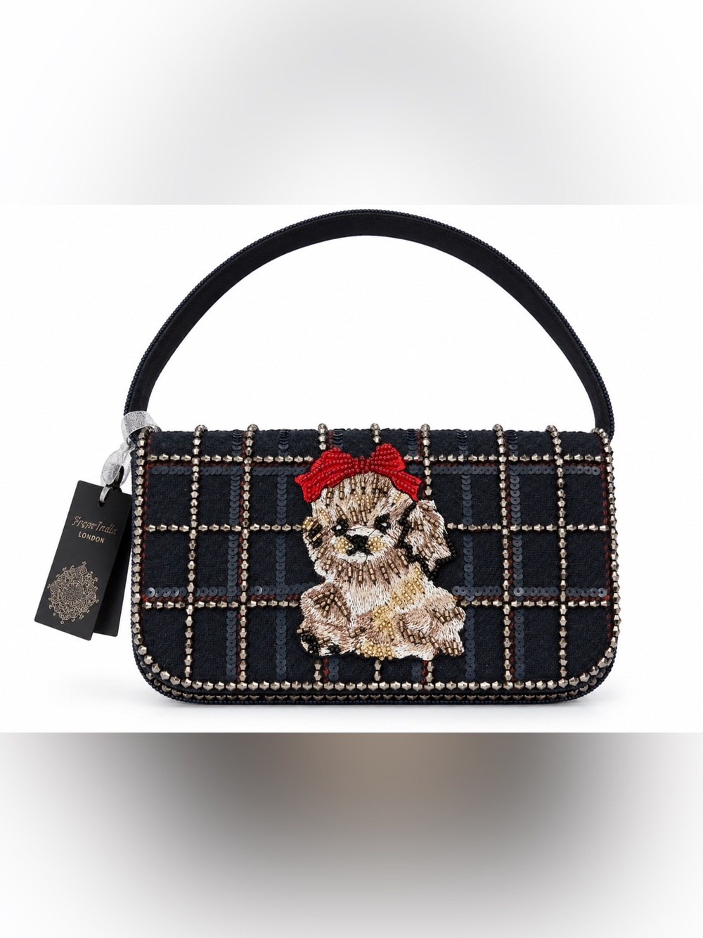 NWT Shih Tzu Puppy Beaded Sequin Plaid Shoulder Bag